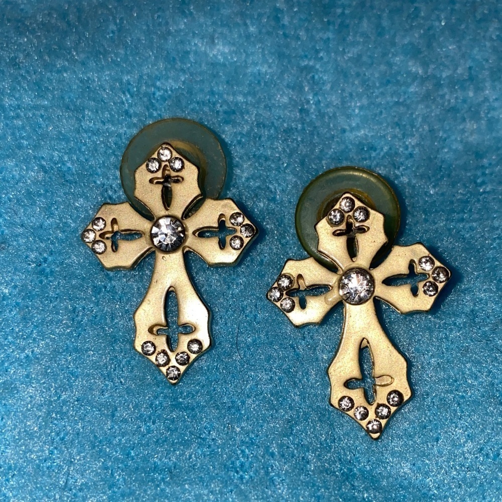 CROSS pierced gold tone rhinestones cross cutouts large stud unique earrings
